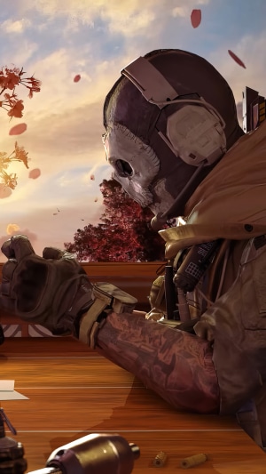 Ghost from Call of Duty Mobile with cherry blossoms