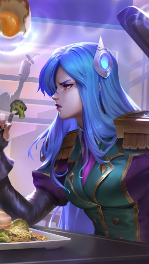 Leona from League of Legends eating broccoli