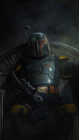 Boba Fett from Star Wars sitting on a throne