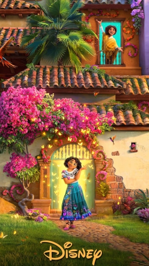 Mirabel and Bruno from Encanto in front of their magical house