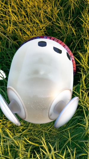 B.O.Y.D. from Rons Gone Wrong lying in grass