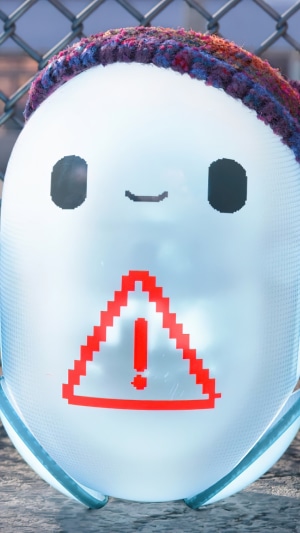 Ron's Gone Wrong character with warning sign