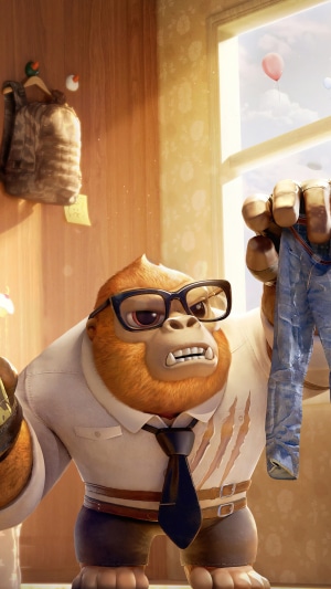 Gorilla in a shirt and tie holding jeans