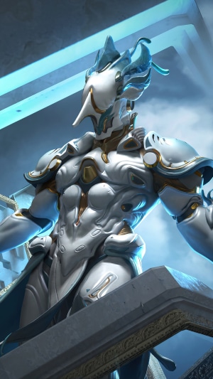 White and gold armored character with blue accents