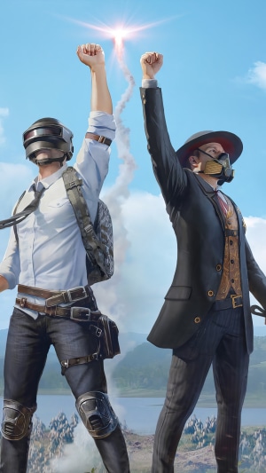 Two PUBG Mobile characters with fists raised