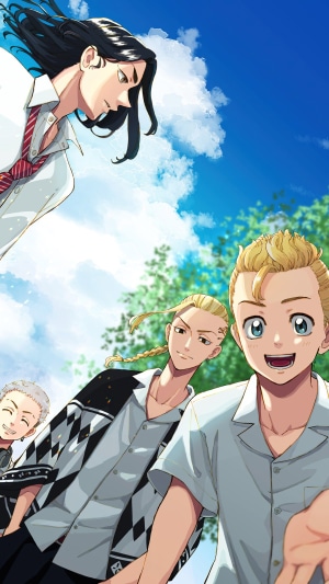 Characters from Tokyo Revengers under a blue sky