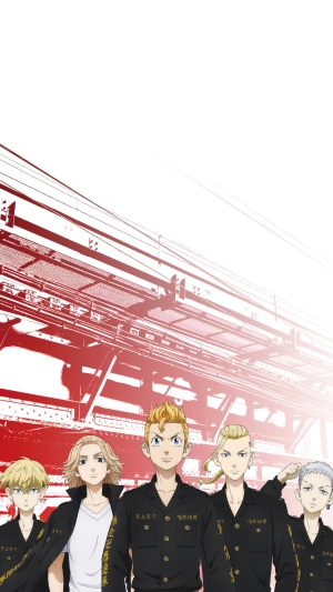 Tokyo Revengers characters in front of a red industrial background