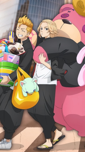 Chifuyu Matsuno and Mikey from Tokyo Revengers with a teddy bear