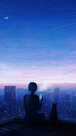 Girl and cat on rooftop overlooking city at sunrise