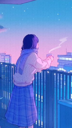 Girl with coffee on balcony overlooking city at night