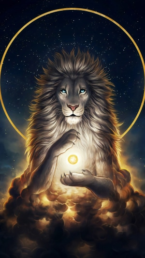 Digital art of a lion holding a glowing orb