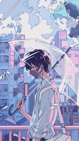 Anime guy with umbrella in city