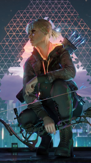 Woman with bow and arrow in cyberpunk city
