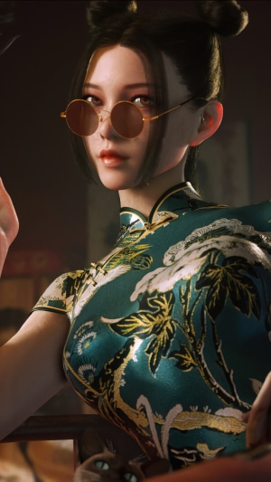Woman in cheongsam and sunglasses
