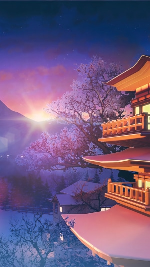Japanese Pagoda Scenery at Sunset