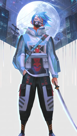 Anime Guy with Blue Hair and Katana in City at Night