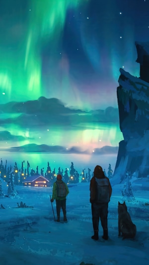 Two hikers and a dog watch the Aurora Borealis over a snowy landscape.