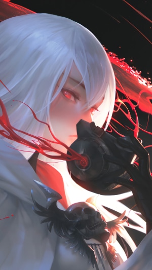 Anime girl with white hair and red eyes holding a weapon