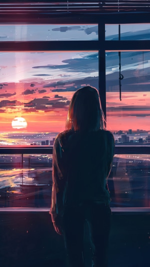 Silhouette of a person watching a sunset over a city