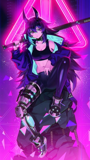 Cyberpunk anime girl with mechanical leg holding a bat