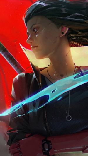Cyberpunk girl with a glowing sword