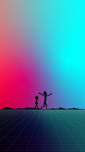 Rick and Morty silhouettes on a grid landscape