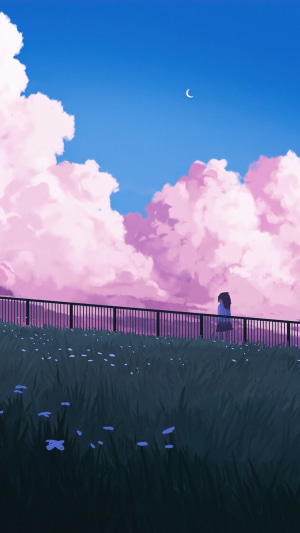 Anime girl walking on a bridge with pink clouds