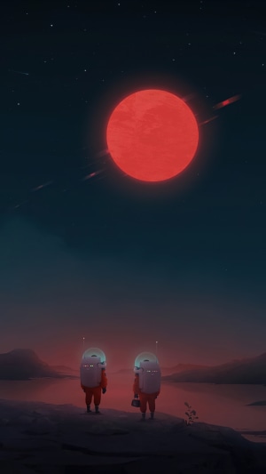Two astronauts stand on a desolate planet under a large red moon.
