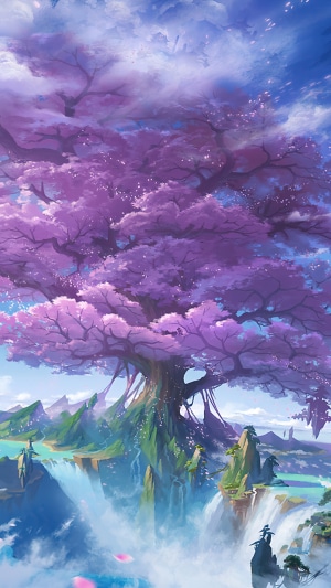 Fantasy Tree with Waterfalls and Mountains