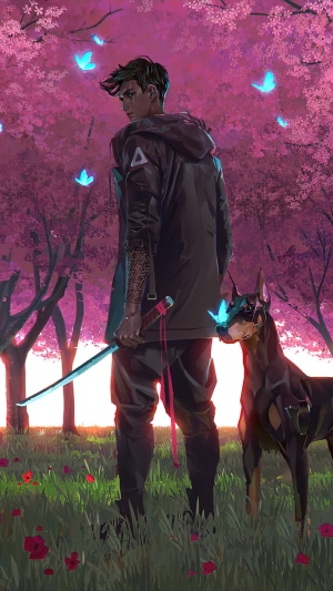 Man with Katana and Dog in Cherry Blossom Forest
