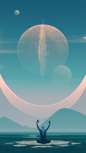 Woman performing ritual under alien sky with planets