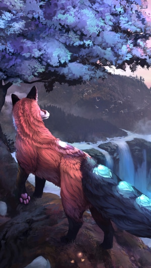 Fox in a mystical forest with a waterfall