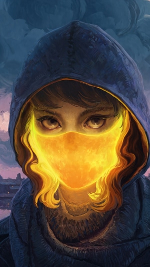 Girl in a hooded jacket wearing a glowing mask