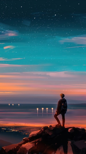 Person on rocks watching sunset over ocean with city lights