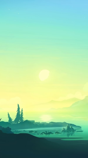 Minimalist sunrise over a calm lake with distant mountains