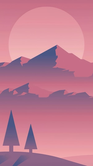 Minimalist mountain landscape with sun and trees