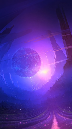 Fantasy landscape with glowing orb and futuristic structures