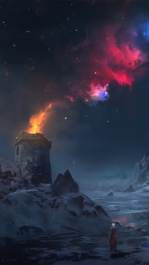 Fantasy tower with fire under a nebula sky