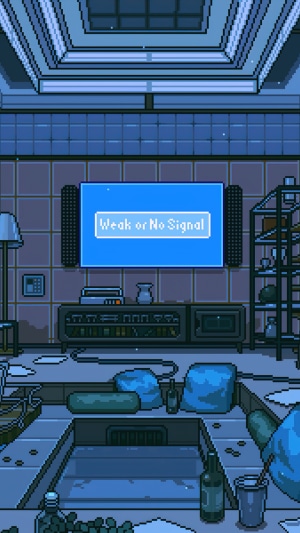 Pixel art room with TV showing 'Weak or No Signal'