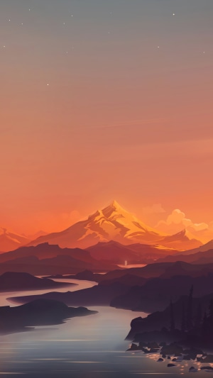 Mountain range with river at sunset