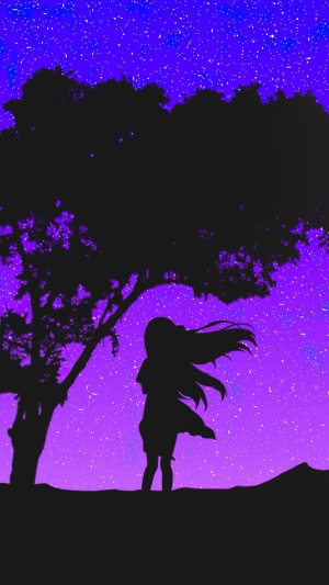 Silhouette of a girl under a tree at night