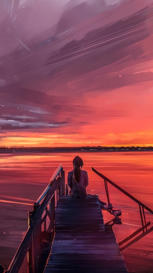 Girl sitting on a pier at sunset