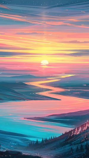 Sunset over a winding river and mountains