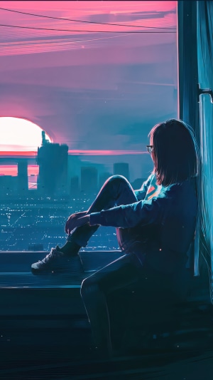 Girl watching sunset over city skyline