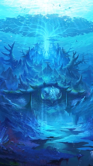 Underwater fantasy city with glowing tree