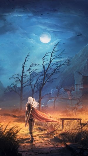 Warrior with a cape walks under the moon