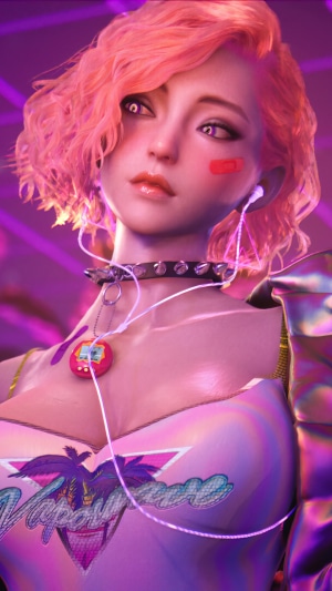 Girl with pink hair and headphones in Vaporwave style