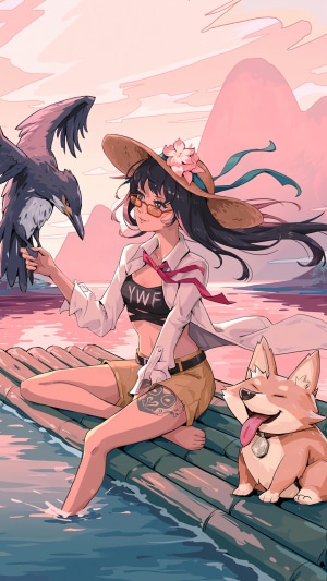 Anime girl with bird and corgi on raft