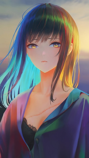 Anime girl with colorful hair and scar