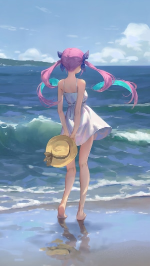 Anime girl with pink hair at the beach
